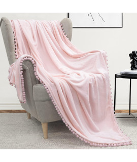 PAVILIA Pom Pom Blanket Throw Twin, Light Pink Soft Fleece Pompom Fringe Blanket for couch Bed Sofa Decorative cozy Plush Warm Flannel Velvet Tassel Throw Blanket, 60x80
