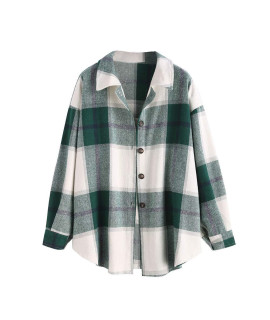 Zaful Womens Plaid Long Sleeve Shirt Button Down Wool Blend Thin Jacket Casual Blouse Tops With Pocket Green