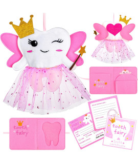 Breling Tooth Pillow Kit For Girls Teeth Gifts Pillow With Pocket Including Lost Teeth Holder Cute Dear Tooth Notepad Felt Keepsake Wallet Pouch To Hold Card Photography For Kids (Pink)