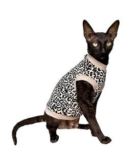 Kotomoda Hairless Cat's Cotton Stretch T-Shirt White Leopard Organic Velour for Sphynx Cat (XS)