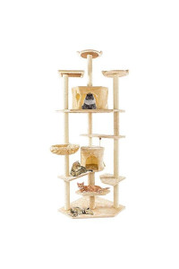NC 80 inch Multi-Storey cat Tree, Movable cat Tower Furniture, cat Claw Post with sisal Covering, 3 Padded Plush Braces, Double Apartment and Basket Bed, Suitable for Large Kittens (Beige)