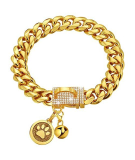 iDofas Gold Chain Dog Collar 14mm Cuban Link Dog Collar with Bling CZ Diamonds Buckle 18K Gold Plated Metal Dog Chain Collars for Dogs for Puppy Small Medium Large Dogs Includes Dog tag & Bell.(22")