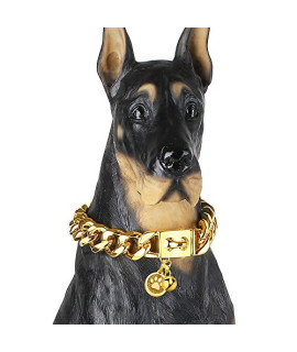 iDofas Gold Dog Chain Collar 19mm Cuban Link Dog Collar with Snap Buckle 18K Gold Plated Stainless Steel Metal Dog Chain Collars for Puppy Small Medium Large Dogs Includes Dog tag & Bell(20")