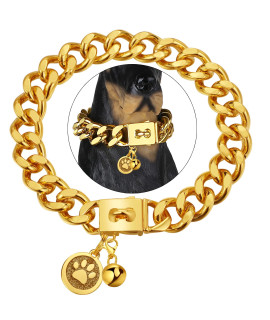 iDofas Gold Chain Dog Collar 23mm Cuban Link Dog Collar with Snap Buckle 18K Gold Plated Stainless Steel Metal Dog Chain Collars for Medium Large Dogs Includes Dog tag & Bell(26")
