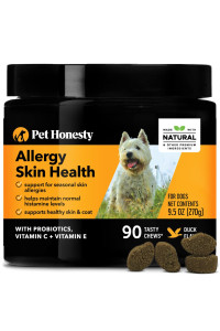 Pet Honesty Allergy Skin Health - Fish Oil for Dogs Omegas, DHAGold, Flaxseed, Probiotics for Itch-Free Skin, Shiny Coats, Helps Reduce Shedding, Soft Chews for Healthy Skin & Coat - 90 ct (Duck)