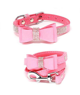 Charmsong Crystal Bowknot Dog Collar Rhinestone Jeweled Dazzling Sparkling Soft Elegant Fancy Puppy Bling Collars For Small Dogs With Leash Pink L