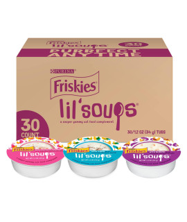 Friskies Purina Grain Free Wet Cat Food Complement Variety Pack, Lil' Soups with Salmon, Tuna or Shrimp - (30) 1.2 oz. Cups
