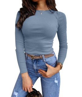 Lynwitkui Womens Long Sleeve Stretch Slim Fitted Ribbed T-Shirt Blouse Cut Out Solid Basic Tops Light Blue