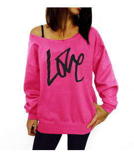 Smile Fish Womens Sexy Hot Pink 80S Outfit Sweatshirt Off Shoulder Love Printed Long Tunics Top,Xxl
