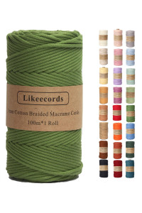 Braided cotton cord 3mmA109 Yards Natural Macrame cotton cord Bohemia Macrame Rope for Handmade Plant Hangers Wall (grass green)