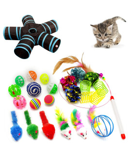 icAgY cat Toys for Indoor cats Interactive, cat Tunnel 5 Ways, 25 Assorted cat Stuff Toys Pack crinkle Tunnel Ball Wand Teaser Feather Mouse Mice Spring Assortment Kit for cats Kittens Rabbits