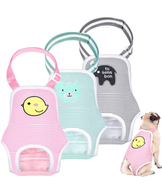 3 Pieces Dog Diaper Striped Sanitary Pantie With Adjustable Suspender Washable Reusable Puppy Sanitary Panties Cute Pet Underwear Diaper Jumpsuits For Female Dogs (Animal Pattern,M)