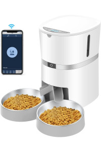 Smart Cat Feeder, WellToBe Automatic Cat Feeder WiFi Enable Pet Dog Food Dispenser App Control for Cat & Dog with Two-Way Splitter and Two Bowls, Voice Recorder Distribution Alarms, Portion Control