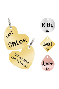 Ultra Joys Cat Tags Personalized Small Cat Dog ID Tag - Cat Collar with Name Tag Pet Tags for Cats - Stainless Steel Cat Name Tags - Pet Tags for Cats Both Side Engravable, Heart Tag in Gold