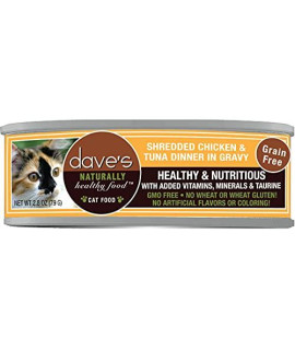Dave's Pet Food Shredded Chicken and Tuna Dinner in Gravy, Canned Cat Food, 2.8oz Cans, Case of 24
