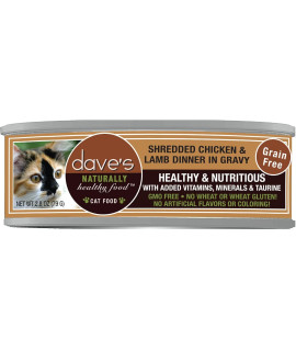 Dave's Pet Food Shredded Chicken and Lamb Dinner in Gravy, Canned Cat Food, 2.8oz Cans, Case of 24
