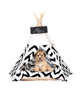 Pet Teepee Tent For Dogs & Cats, 24 Inch Portable Indoor Dog House With Thick Cushion, Cat Teepee Tent Washable Black And White Geometric Pattern