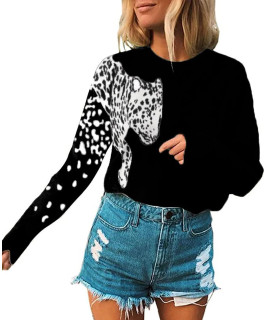 Angashion Womens Sweaters Casual Leopard Printed Patchwork Long Sleeves Knitted Pullover Cropped Sweater Tops 2182 Black Medium