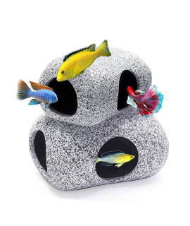 Munlit Ceramic Fish Tank Decorations, Betta Fish Tank Accessories Rock Caves, Stackable Aquarium Cichlid Cave, Betta Fish Hideout And House, Small Hiding Rock For Fish Bowl (2 Pcs Oval Style B)