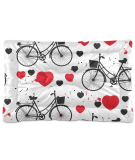 Poeticcity Black Bikes And Black Red Hearts Seamless Texture On White Dog Cat Bed Mat Soft Crate Pad Mattress Cushion For Small Medium Pets, Anti Slip Sleeping Kennel Mat Washable Dry 36X24 Inch