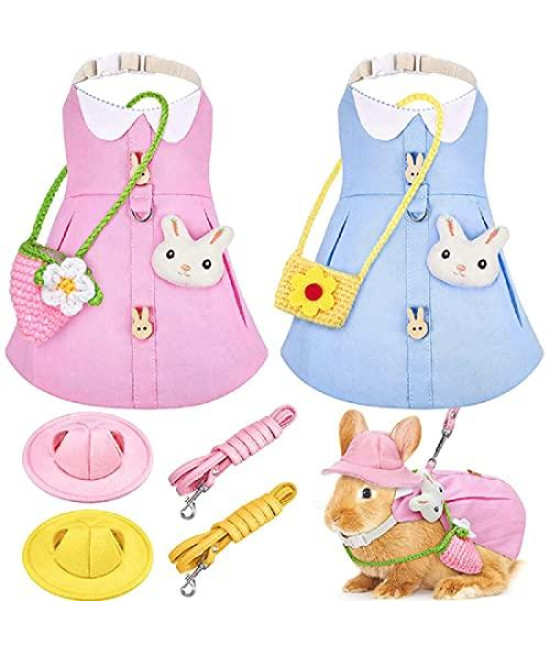 2 Sets Pet Rabbit Bunny Dress Small Animal Harness Vest and Leash Set Walking Vest Harness,with Mini Hat Bag Rabbit Brooch, Clothes for Rabbit Hedgehog Ferret Squirrel (Blue and Pink)