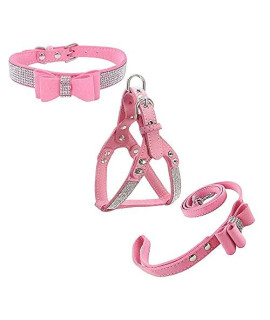 Magust Pet Bow tie Dog Harness Collar Holster Comfortable Soft Dog Collar with Harness and Leash Set (Pink) (Small)