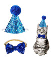 christmas Pet Party Jazz Hat and Blingbling Bow Tie Breakaway collar Set, Adjustable Headband for Kitten Puppy Small Dogs cats (03 Sequin-Royal Blue)