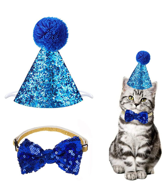 christmas Pet Party Jazz Hat and Blingbling Bow Tie Breakaway collar Set, Adjustable Headband for Kitten Puppy Small Dogs cats (03 Sequin-Royal Blue)