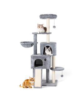 TSCOMON Multi-Level Cat Tree Cat Tower for Indoor Cats, Tall Plush Rest Area with Spacious Cat Condos, Scratching Posts with Hammock Basket and Hanging Toys, Cat Furniture with House for Rest & Fun
