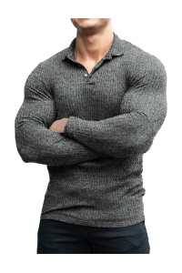 Coofandy Mens Ribbed Slim Fit Knitted Pullover Sweater Long Sleeve Stretch T Shirts Dark Grey