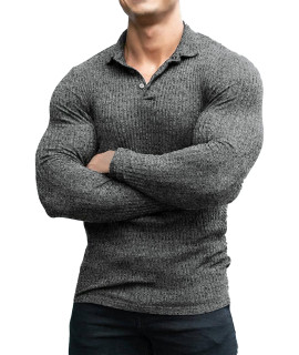Coofandy Mens Ribbed Slim Fit Knitted Pullover Sweater Long Sleeve Stretch T Shirts Dark Grey