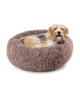 Precious Tails Super Lux Shaggy Comfy Calming Pet Bed, Taupe - Extra Fluffy Faux Fur Donut Cuddler, Anxiety Soothing Bolster for Dogs and Cats, Up to 30lbs