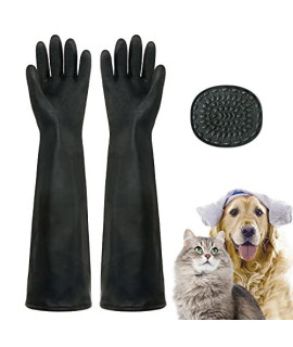 Sawakaze Animal Handling Protective Waterproof Rubber Gloves with Slow Food Pad, Ideal for Pet Bathing, Grooming, Feeding, 22 inch Extra Long