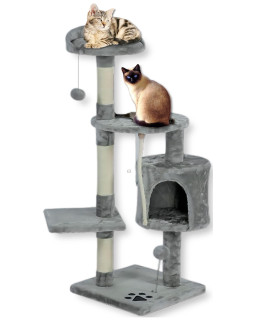 Cute Cat Tower for Indoor Cats -44IN Modern Cat Trees with Scratching Posts , Pet Furniture Kitten Tower Center with Plush Perch and Dangling Ball