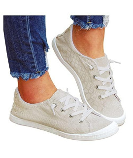 siilsaa Sneakers for Women, Womens Solid Lace Up Flat Running Shoes Lightweight Walking Shoes Non Slip Tennis Shoes Beige