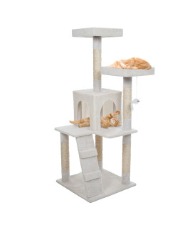 4-Tier cat Tower - Tree with Napping Perches, cat condo, Ladder, 5 Sisal Rope Scratching Posts, and Hanging Toy for Indoor cats by PETMAKER (White)