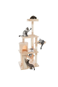 4-Tier Deluxe Cat Tower- Large Scratching Board, 6 Scratch Posts, Napping Perches, Kitty Condo Hut, 2 Hammocks and Hanging Toys by PETMAKER (Beige)