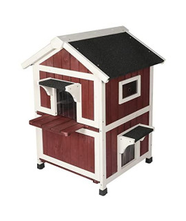 Weatherproof Cat House Outdoor/Indoor, Luxurious 2-Story Cat Shelter Condo with Balcony, Transparent PVC Canopy & Escape Door (Brick-Red-1)