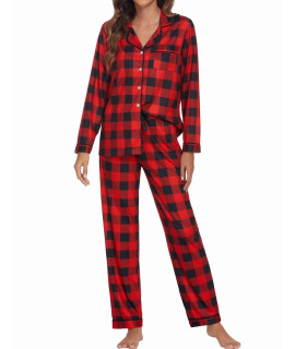 Ekouaer Pajamas Family Christmas Pjs Matching Sets Classic Long Sleeve Plaid Sleepwear Women Button Down Loungewear Set Black And Red Plaid,Medium