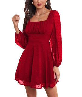 Lyaner Womens Polka Dots Square Neck A Line Long Sleeve Swiss Dots Mini Dress Red Small
