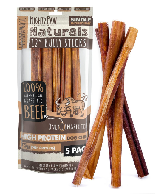 Mighty Paw Naturals Bully Sticks | All-Natural Protein-Rich Dog Chews from Grass-Fed Beef. Single-Ingredient Pet Treat for Dental Health. Keeps Chewers Busy