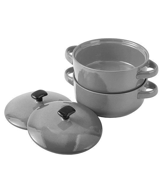 Bruntmor Bake & Serve ceramic Soup Bowls With Handles and lids - 20 Ounce Set of 2, for soups, stews, cereal (grey)