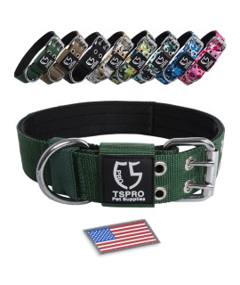 Tspro 15Inch Military Strong Dog Collar Tactical Dog Collar Working K9 Dog Collar With Metal Buckle And Usa Flag Patch For Medium Large Dogs(Green-M)