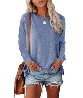 Yesno Women Casual Loose Long Sleeve Shirts Crewneck Solid Tops Pullover Sweatshirts With Pocket Ty2 (2Xl Ty2 Blue)