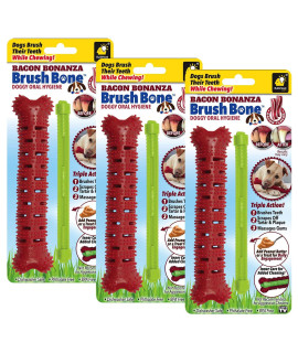 BulbHead Bonanza Toothbrush, Infused with Real Flavor - Dogs chewing, Plaque and Tartar Remover for Teeth, Works 3 Ways to clean While They Play, 8 in x 2 in, Brush Bone Bacon 3 Pack