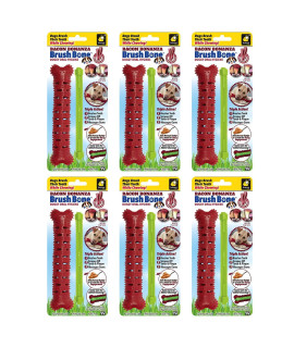 BulbHead Bonanza Toothbrush, Infused with Real Bacon Flavor - Dogs chewing, Plaque and Tartar Remover for Teeth, Works 3 Ways to clean While They Play, 8 in x 2 in, Brush Bone Back 6 Pack