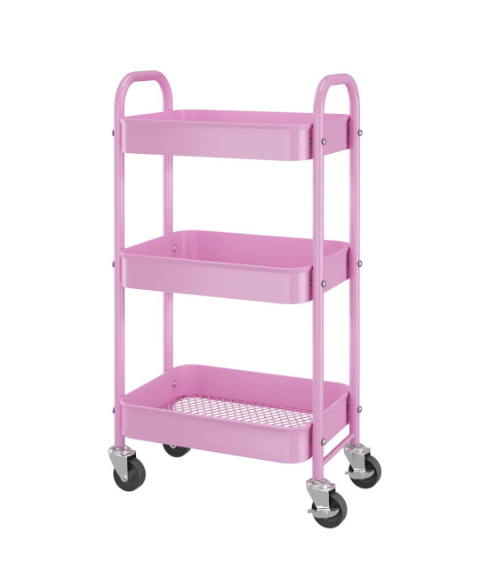 Simple Trending 3-Tier Metal Rolling Storage cart, Utility Organizer cart Storage Shelves on 2 Lockable Wheels for Kitchen Bathroom, Pink