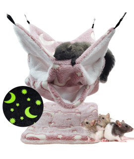 Leerking Luminous Guinea Pig Hammock,Glow Rat Ferret Hammock For Cage Hamster 3 Tier Hanging Bed Hideout For Sugar Glider Chinchilla Gerbil,Pink