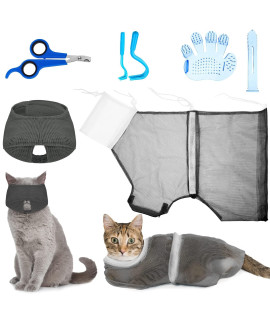 5 Pieces Cat Bathing Bag Set Cat Grooming Bag Adjustable Pet Shower Net Bag Cat Muzzles Anti-Bite Anti-Scratch Nail Clipper Tick Remover Tool Massage Brush For Bathing Cleaning Trimming (Grey-White)