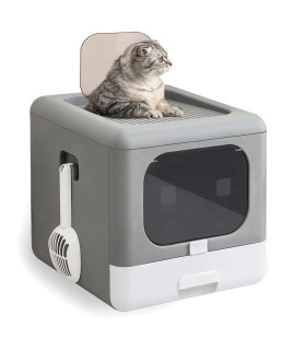 Top Entry cat Litter Box with Lid,Foldable Litter Box with cat Plastic Scoop,Extra Large Space,Drawer Structure,closed Smell Proof Anti-Splashing,Split Type for Easy cleaning (New grey)